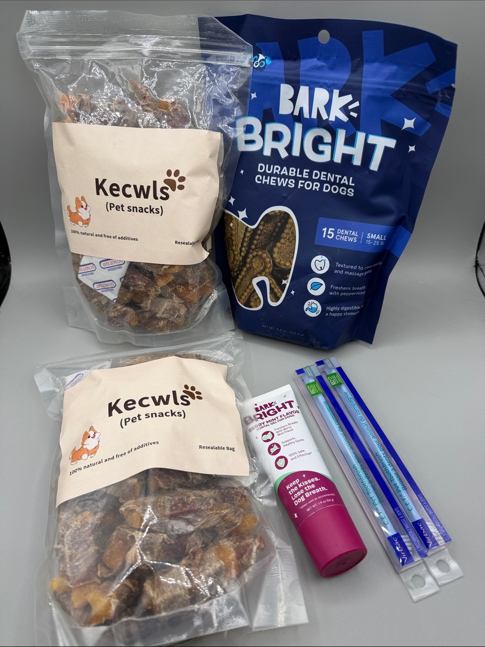 Kecwls Pet Snacks & Bark Bright Dental Chews Bundle